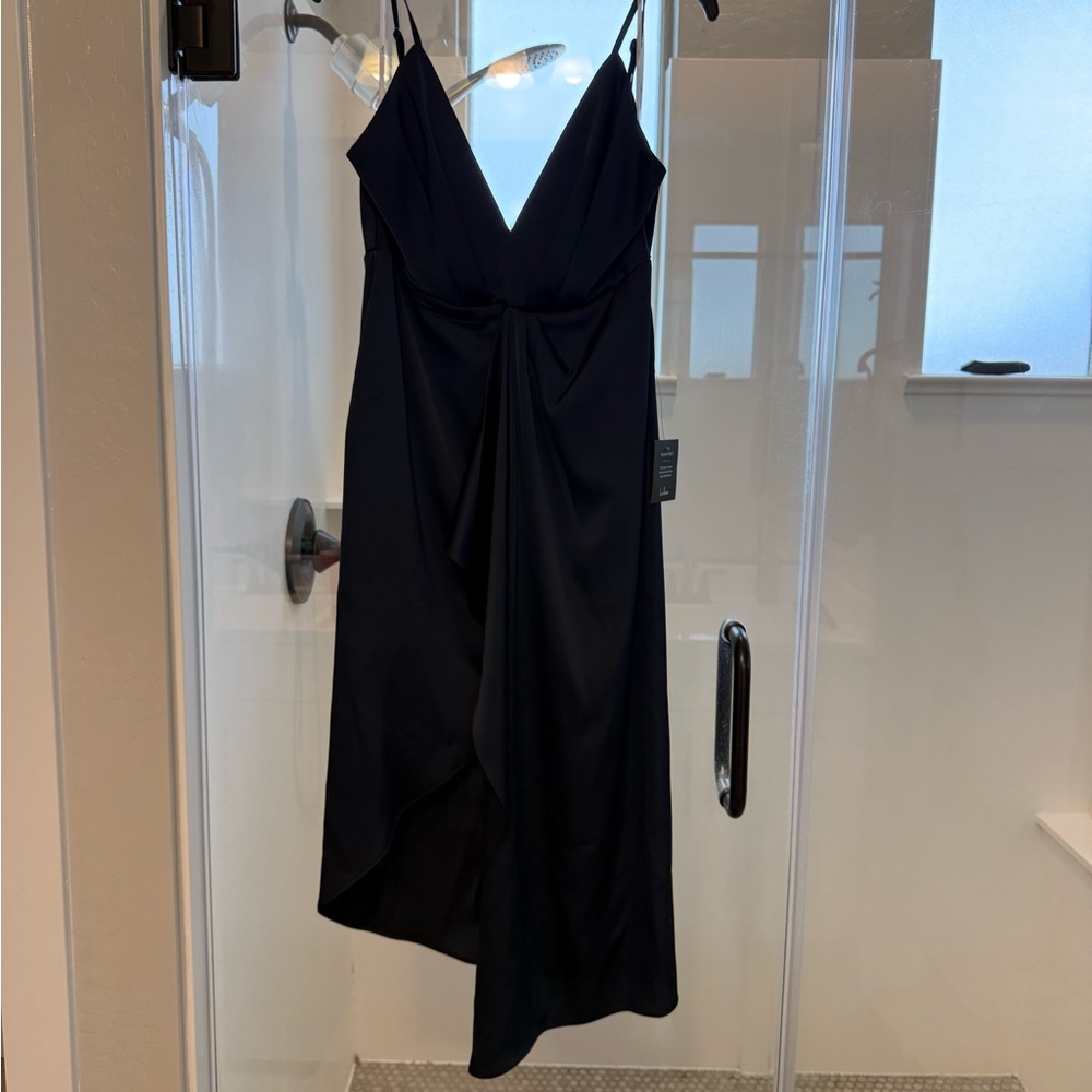 Lulus Caught Feelings Navy Blue Satin Ruffled Midi Dress - Size M - Picture 2 of 2